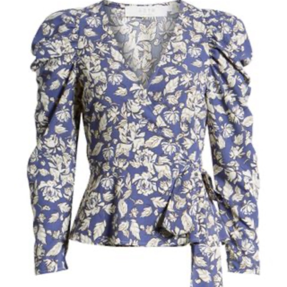 🍁Astr the Label * NWT blue ivory floral puff sleeve wrap